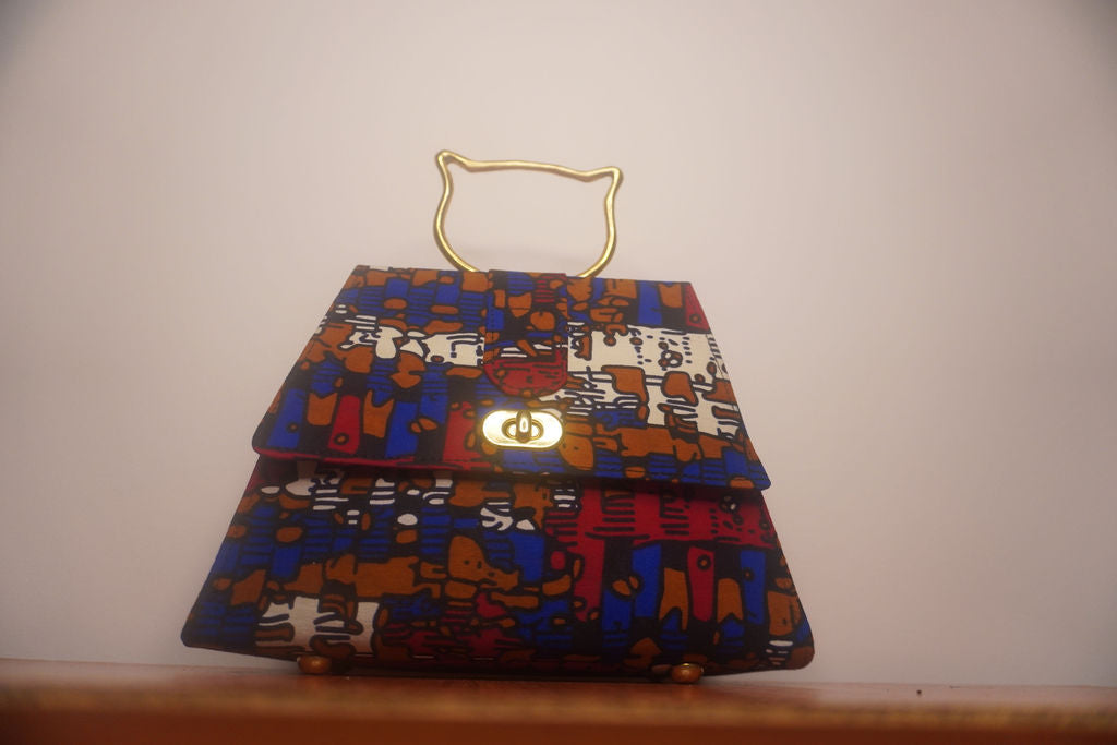 Multicolor Kente Ankara Clutch with Cat Handle