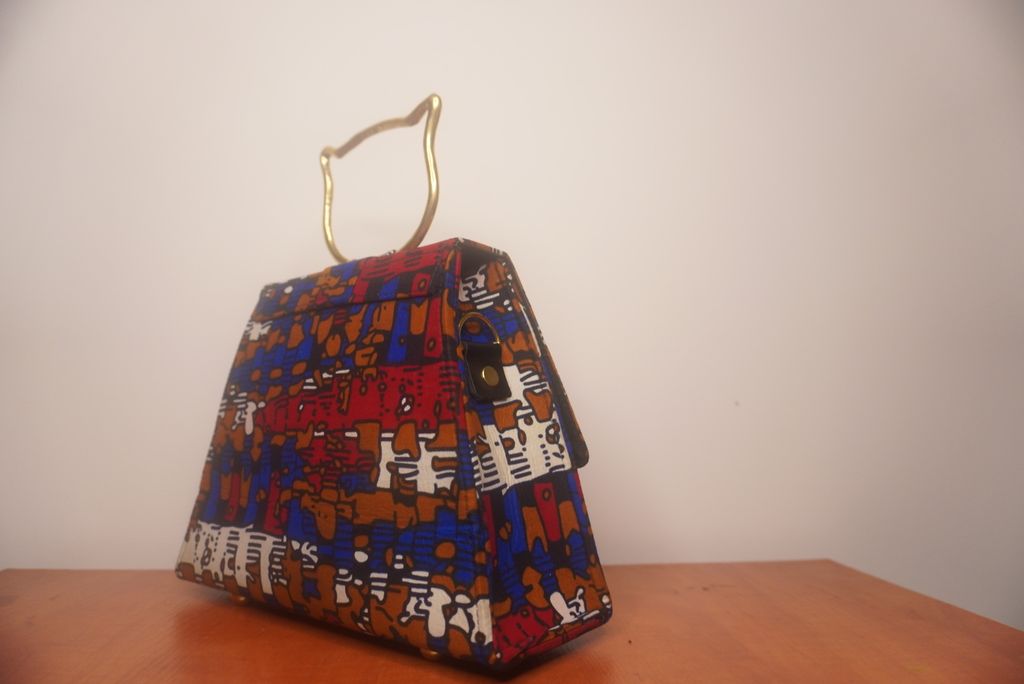 Multicolor Kente Ankara Clutch with Cat Handle