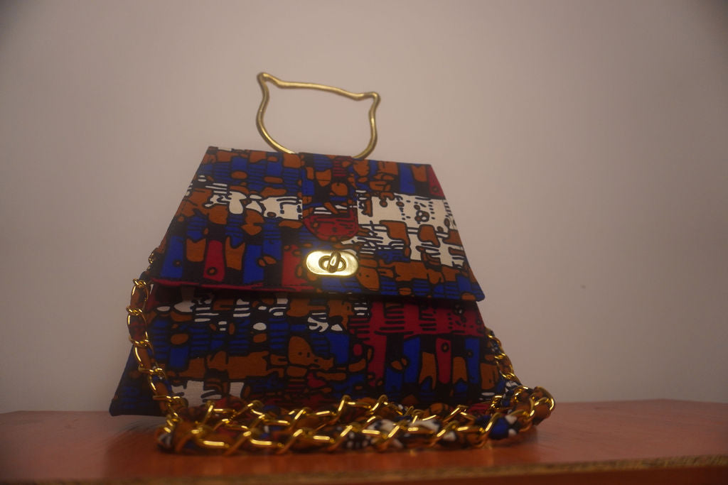 Multicolor Kente Ankara Clutch with Cat Handle
