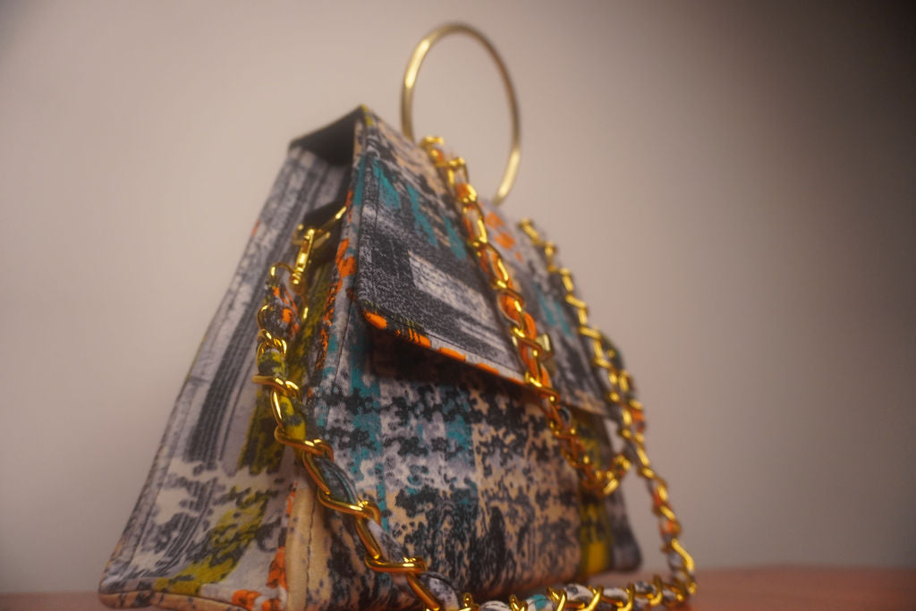 Ankara Mudcloth Clutch Bag - Earth Tones with Gold Chain