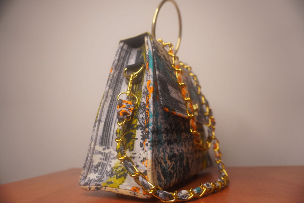 Ankara Mudcloth Clutch Bag - Earth Tones with Gold Chain