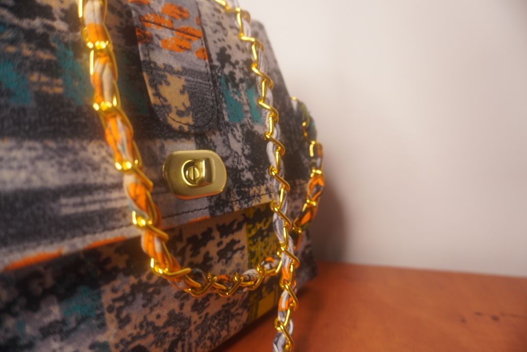 Ankara Mudcloth Clutch Bag - Earth Tones with Gold Chain