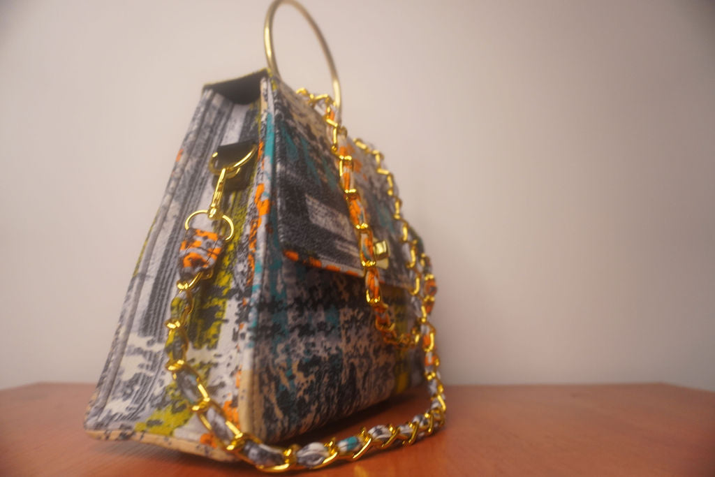 Ankara Mudcloth Clutch Bag - Earth Tones with Gold Chain