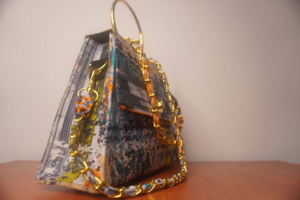 Ankara Mudcloth Clutch Bag - Earth Tones with Gold Chain