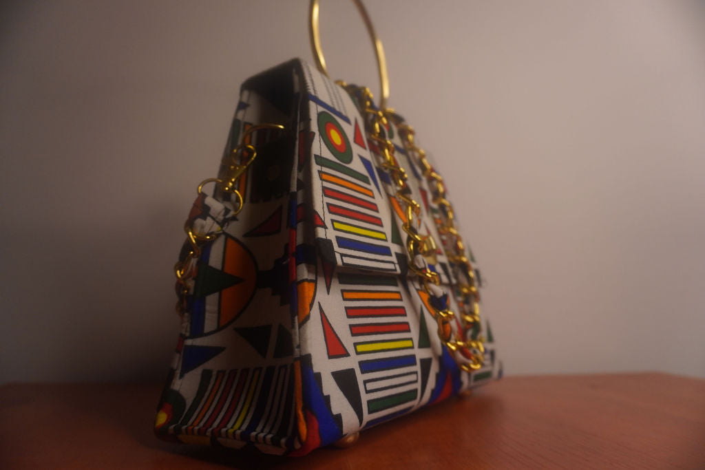 Ankara Ndebele Geometric Clutch Bag - Bold Stripes with Gold Chain