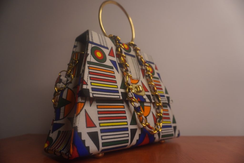 Ankara Ndebele Geometric Clutch Bag - Bold Stripes with Gold Chain