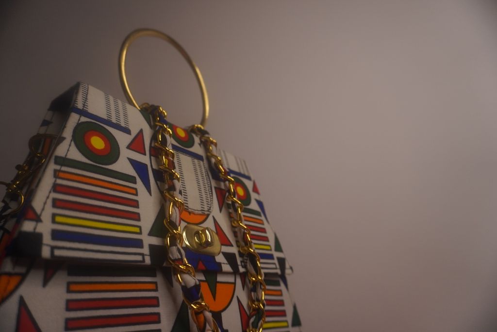 Ankara Ndebele Geometric Clutch Bag - Bold Stripes with Gold Chain