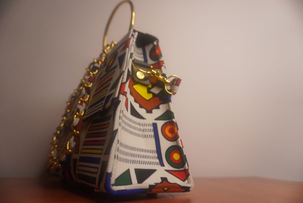 Ankara Ndebele Geometric Clutch Bag - Bold Stripes with Gold Chain