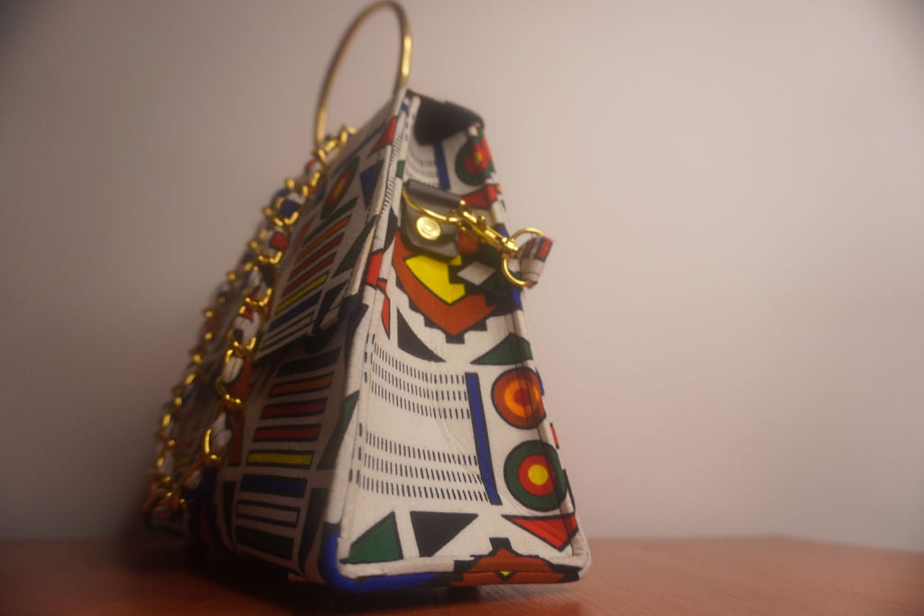 Ankara Ndebele Geometric Clutch Bag - Bold Stripes with Gold Chain