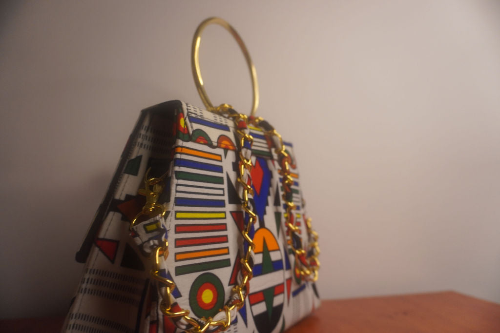Ankara Ndebele Geometric Clutch Bag - Bold Stripes with Gold Chain