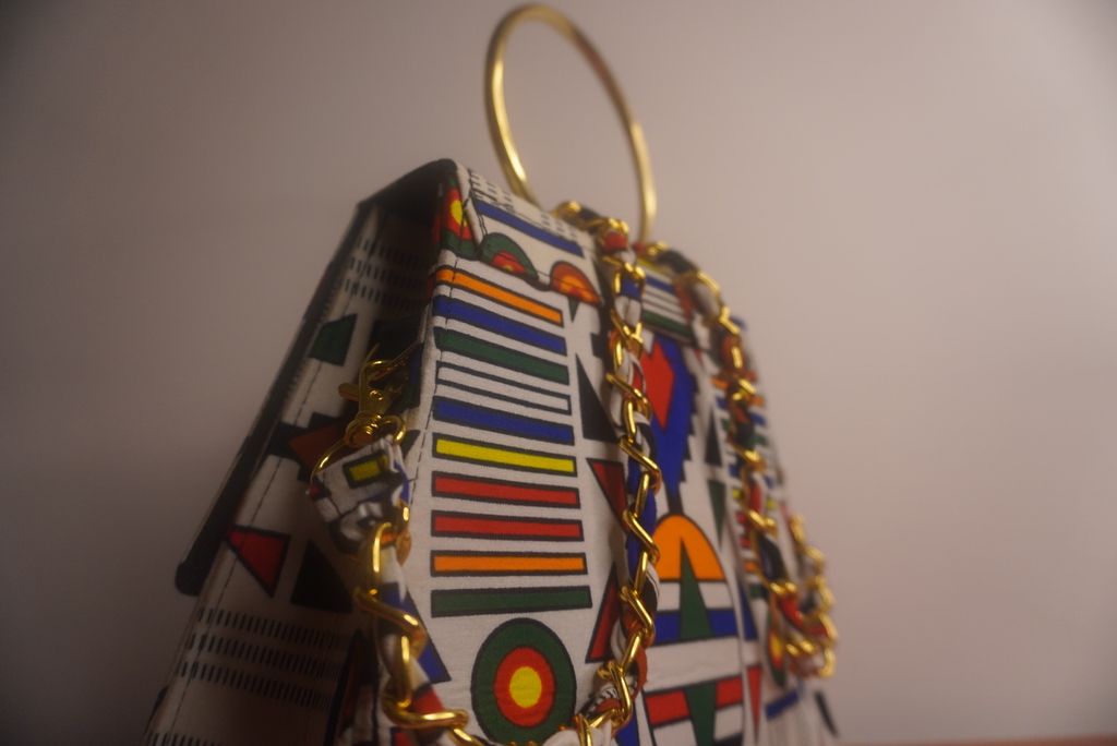 Ankara Ndebele Geometric Clutch Bag - Bold Stripes with Gold Chain