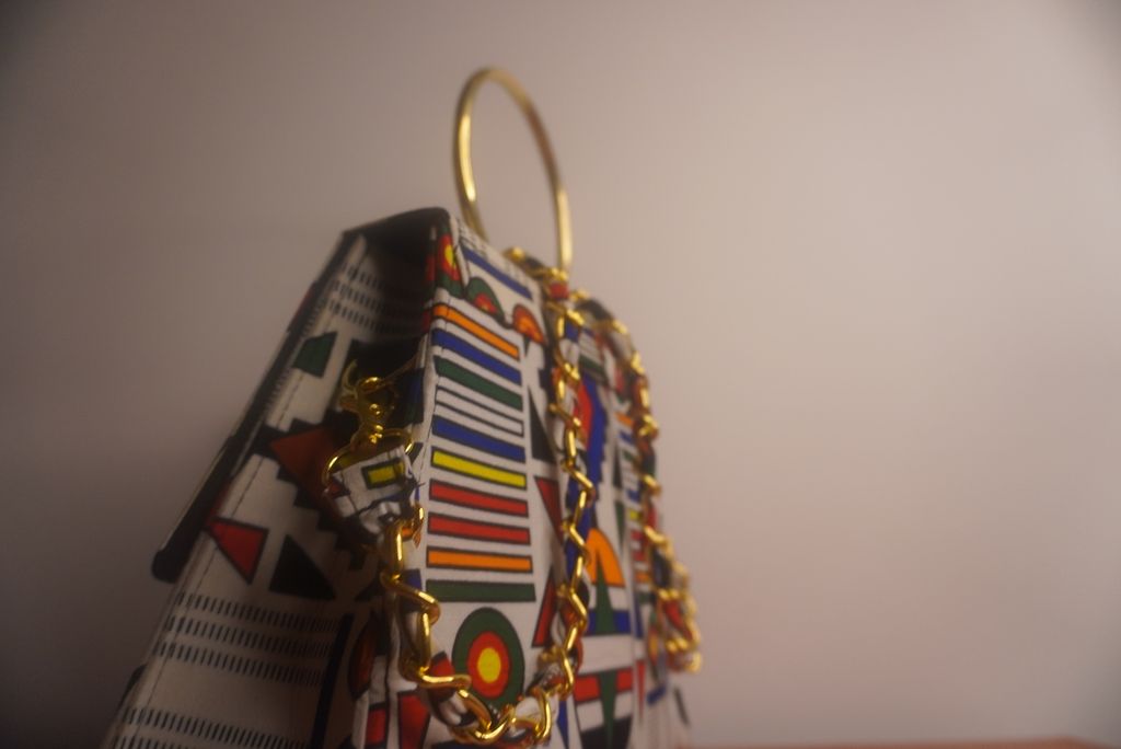 Ankara Ndebele Geometric Clutch Bag - Bold Stripes with Gold Chain