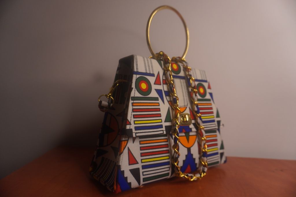 Ankara Ndebele Geometric Clutch Bag - Bold Stripes with Gold Chain