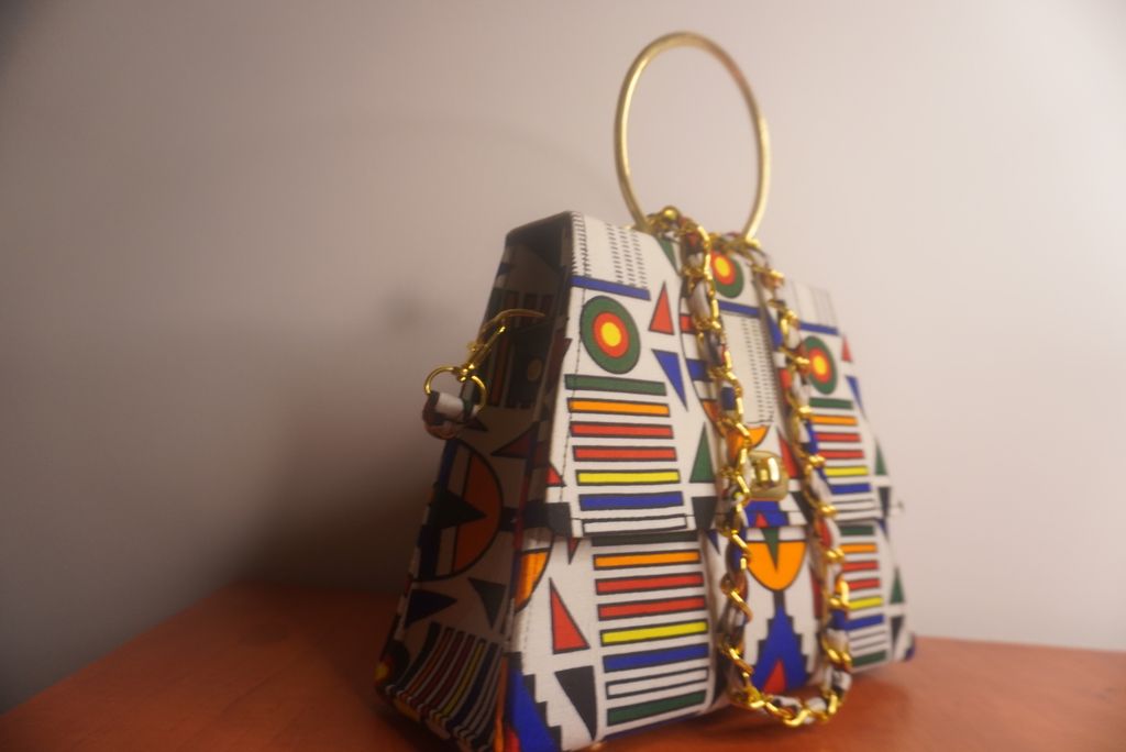Ankara Ndebele Geometric Clutch Bag - Bold Stripes with Gold Chain