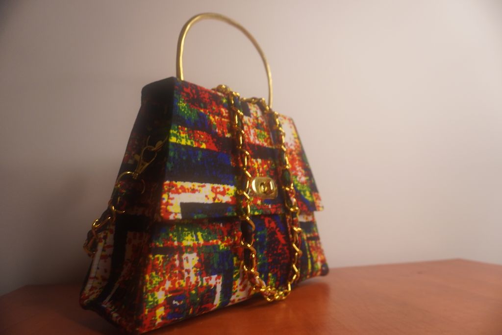 Ankara Geometric Mosaic Clutch Bag - Multicolor with Gold Chain