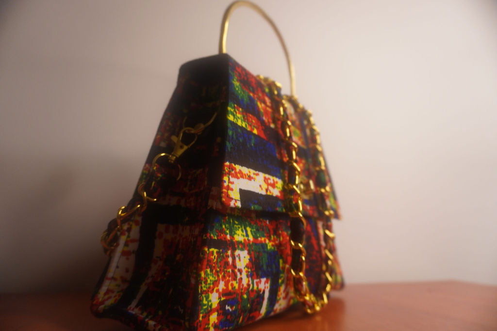 Ankara Geometric Mosaic Clutch Bag - Multicolor with Gold Chain