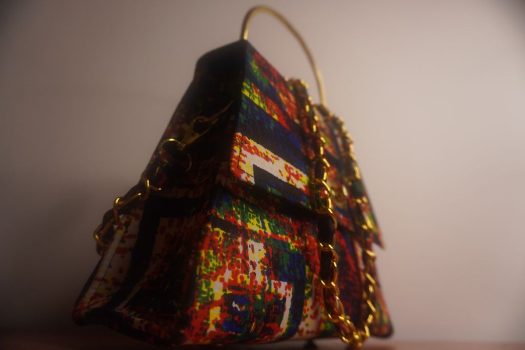Ankara Geometric Mosaic Clutch Bag - Multicolor with Gold Chain
