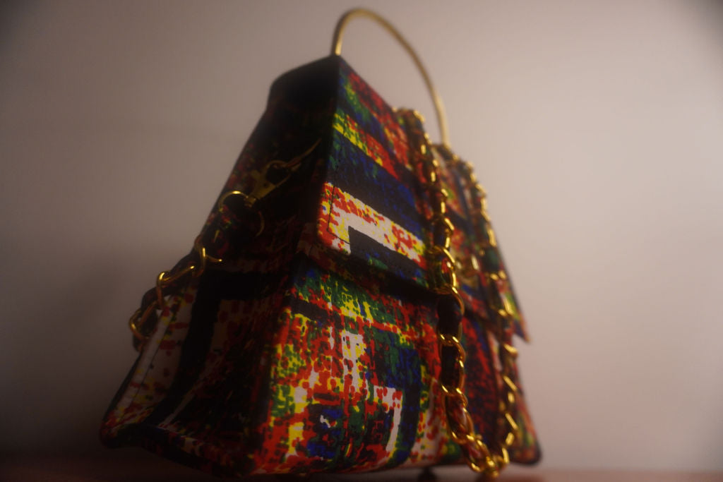 Ankara Geometric Mosaic Clutch Bag - Multicolor with Gold Chain