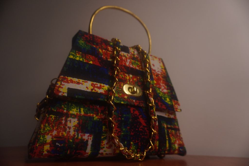 Ankara Geometric Mosaic Clutch Bag - Multicolor with Gold Chain