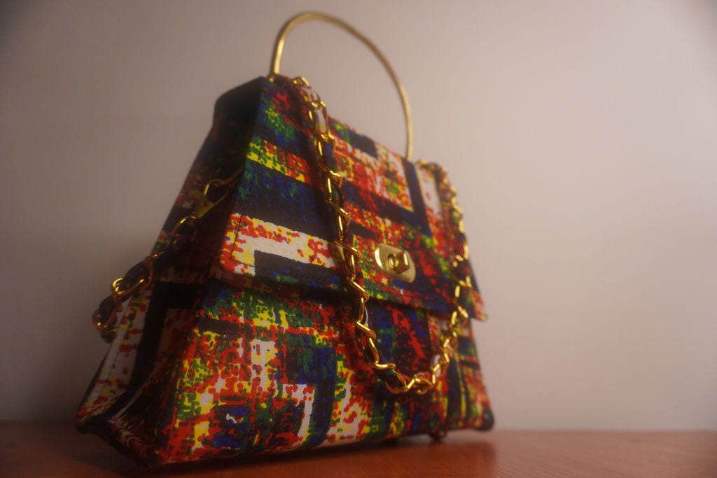 Ankara Geometric Mosaic Clutch Bag - Multicolor with Gold Chain