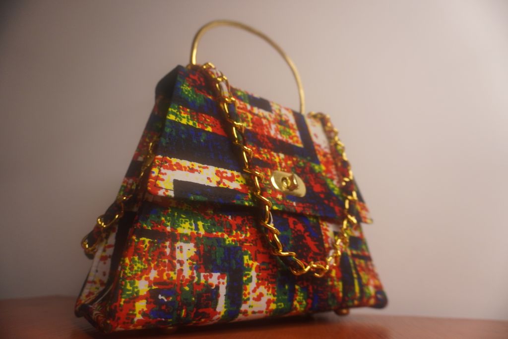 Ankara Geometric Mosaic Clutch Bag - Multicolor with Gold Chain