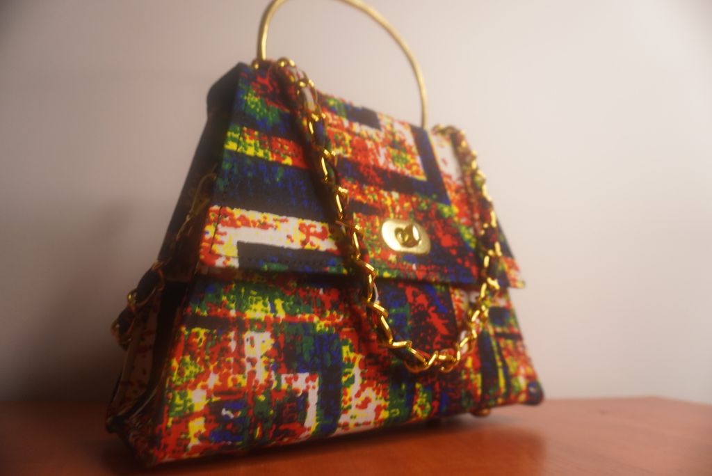 Ankara Geometric Mosaic Clutch Bag - Multicolor with Gold Chain
