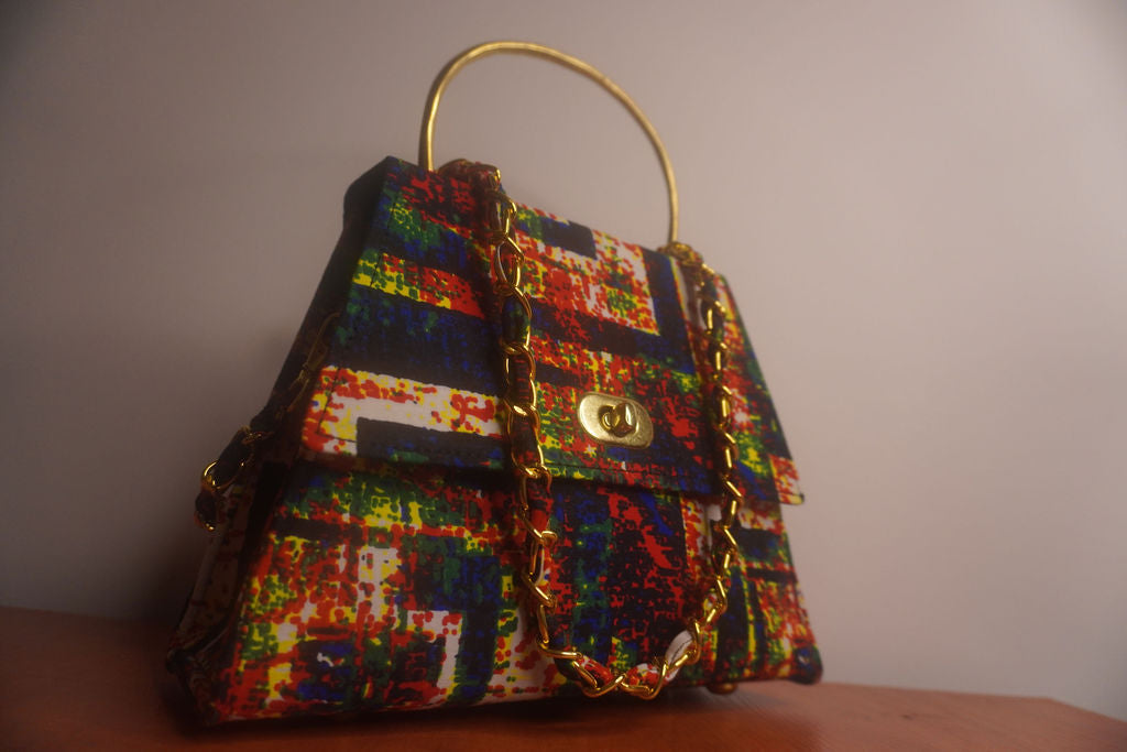 Ankara Geometric Mosaic Clutch Bag - Multicolor with Gold Chain