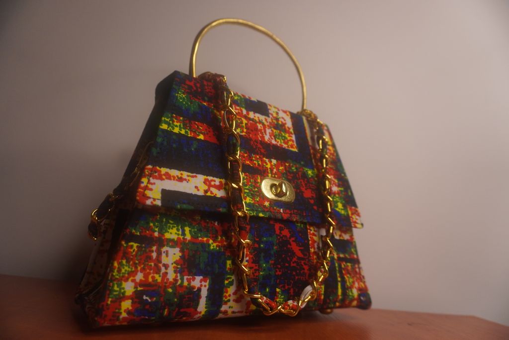 Ankara Geometric Mosaic Clutch Bag - Multicolor with Gold Chain