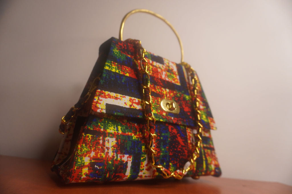 Ankara Geometric Mosaic Clutch Bag - Multicolor with Gold Chain
