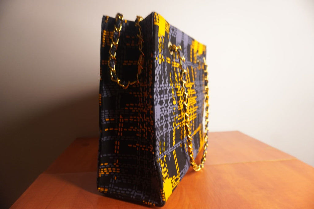 Ankara Digital Kente Tote Bag - Black & Gold Pixel