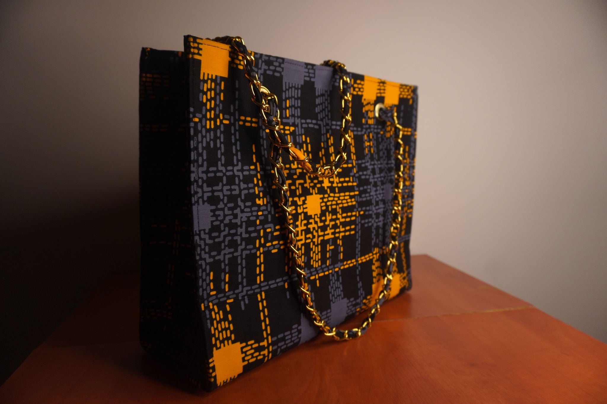 Ankara Digital Kente Tote Bag - Black & Gold Pixel