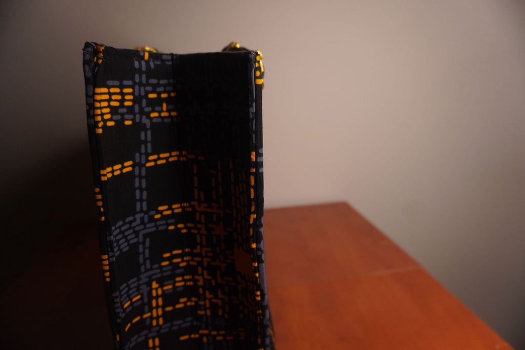 Ankara Digital Kente Tote Bag - Black & Gold Pixel