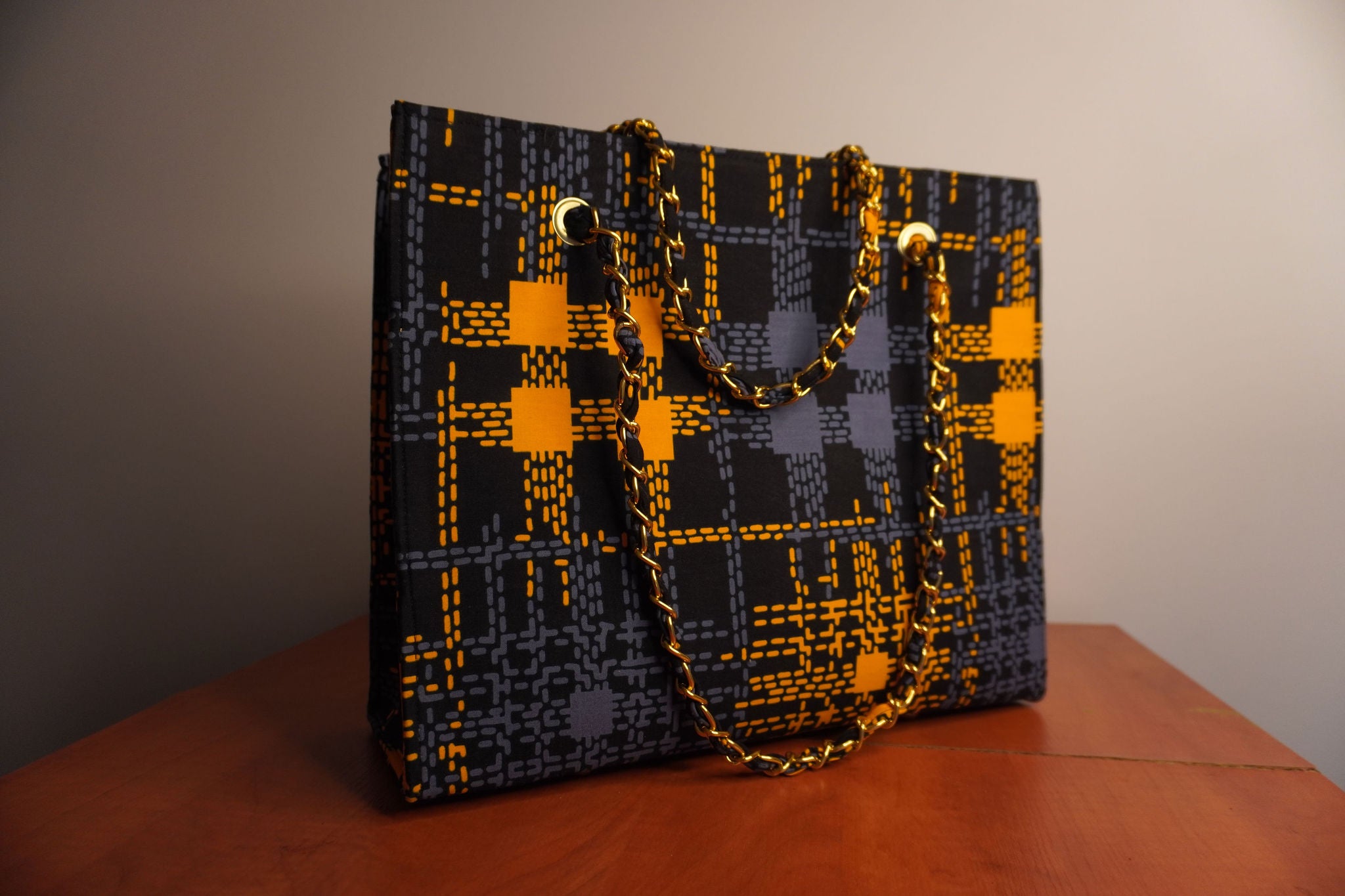 Ankara Digital Kente Tote Bag - Black & Gold Pixel