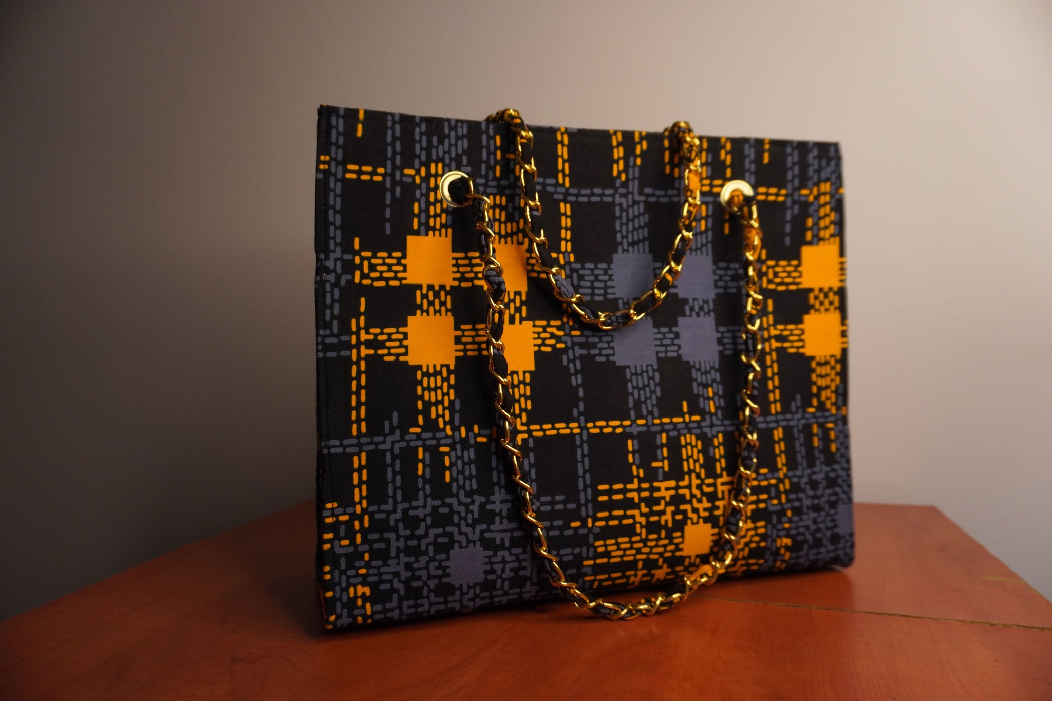 Ankara Digital Kente Tote Bag - Black & Gold Pixel