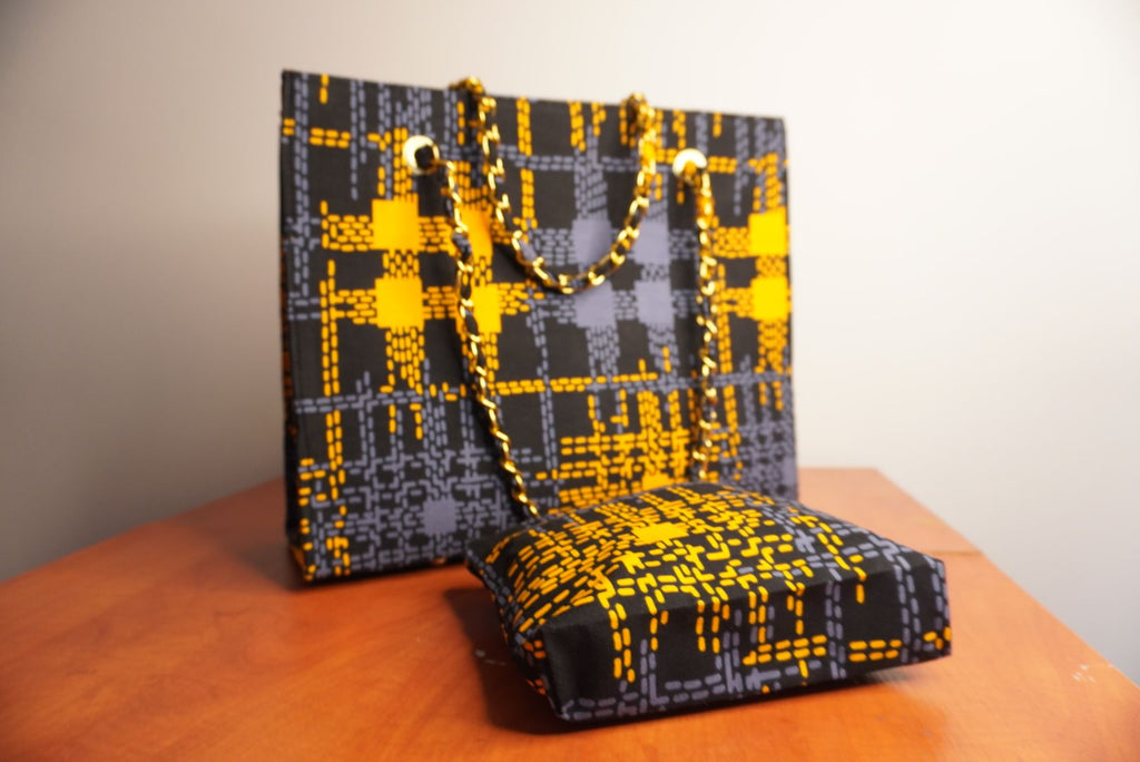 Ankara Digital Kente Tote Bag - Black & Gold Pixel