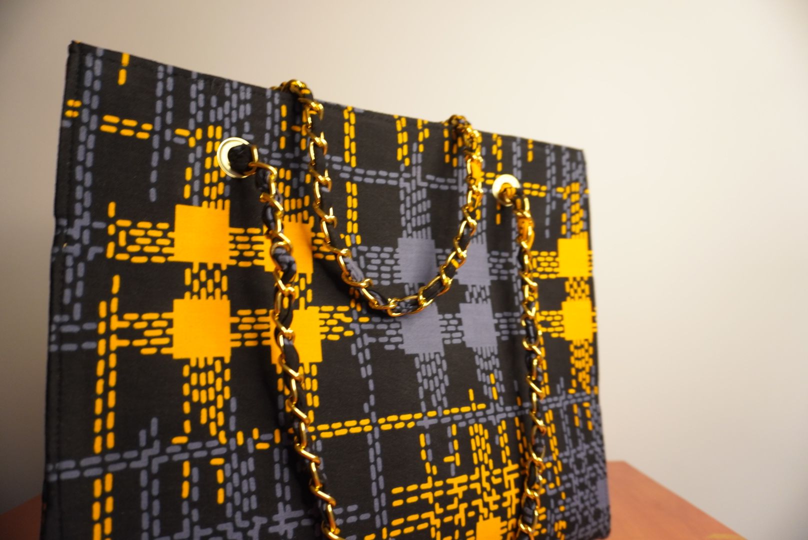 Ankara Digital Kente Tote Bag - Black & Gold Pixel