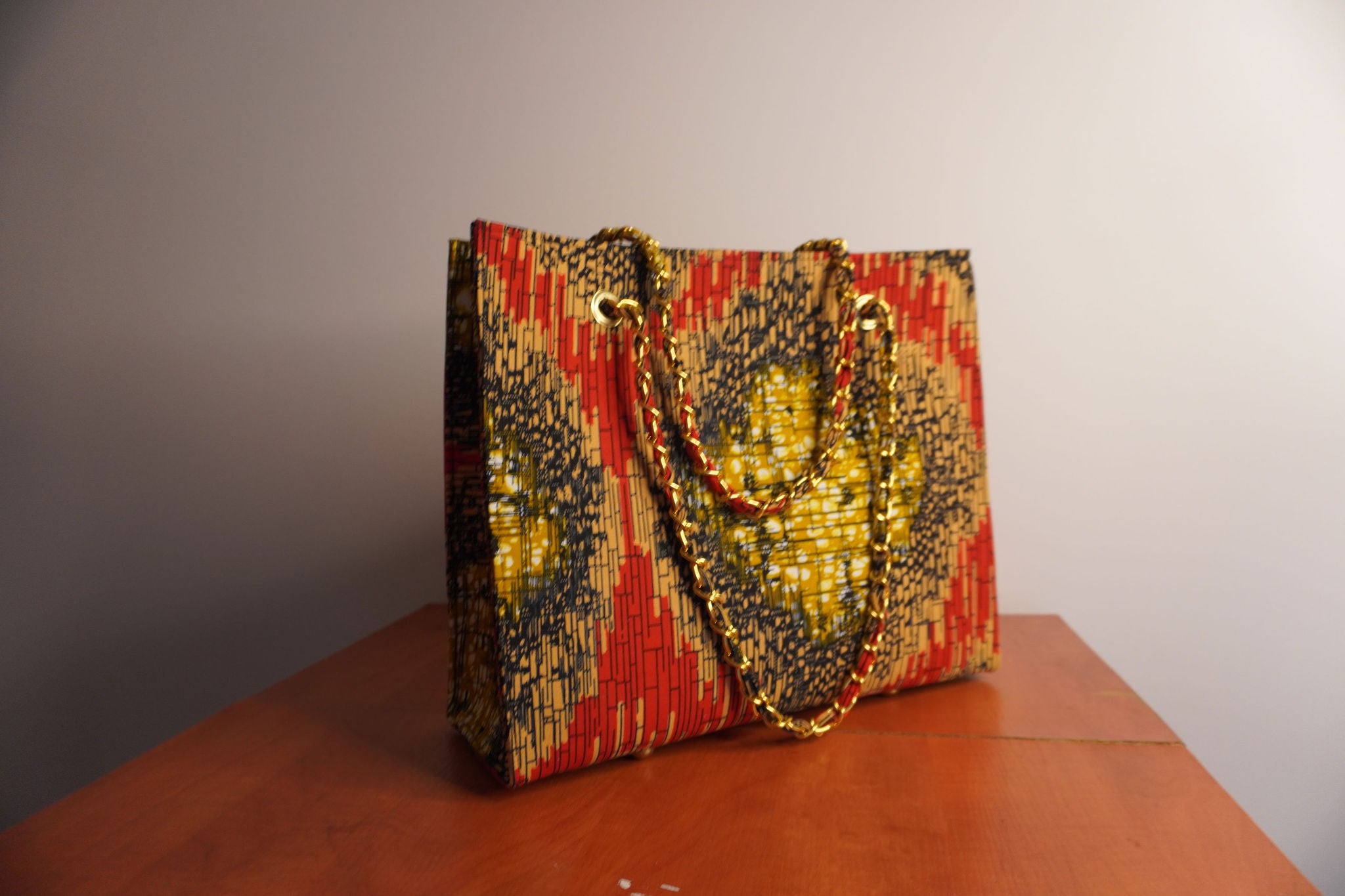 Ankara Woven Texture Tote Bag - Coral & Gold Tapestry