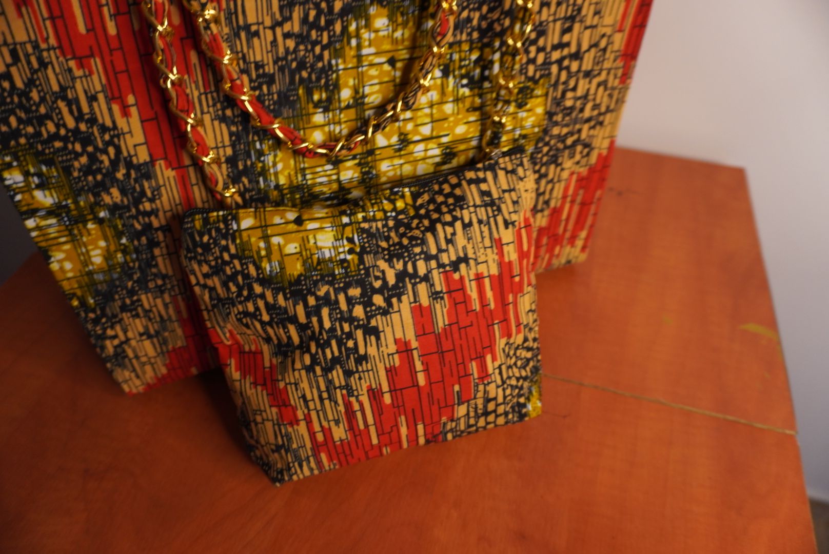 Ankara Woven Texture Tote Bag - Coral & Gold Tapestry