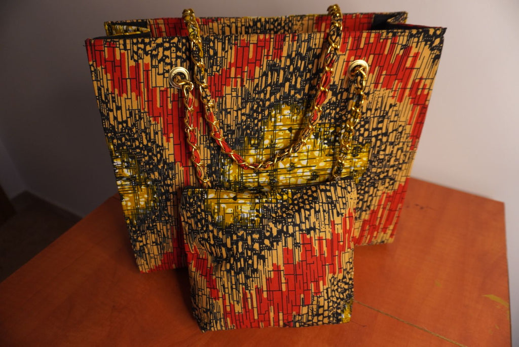 Ankara Woven Texture Tote Bag - Coral & Gold Tapestry