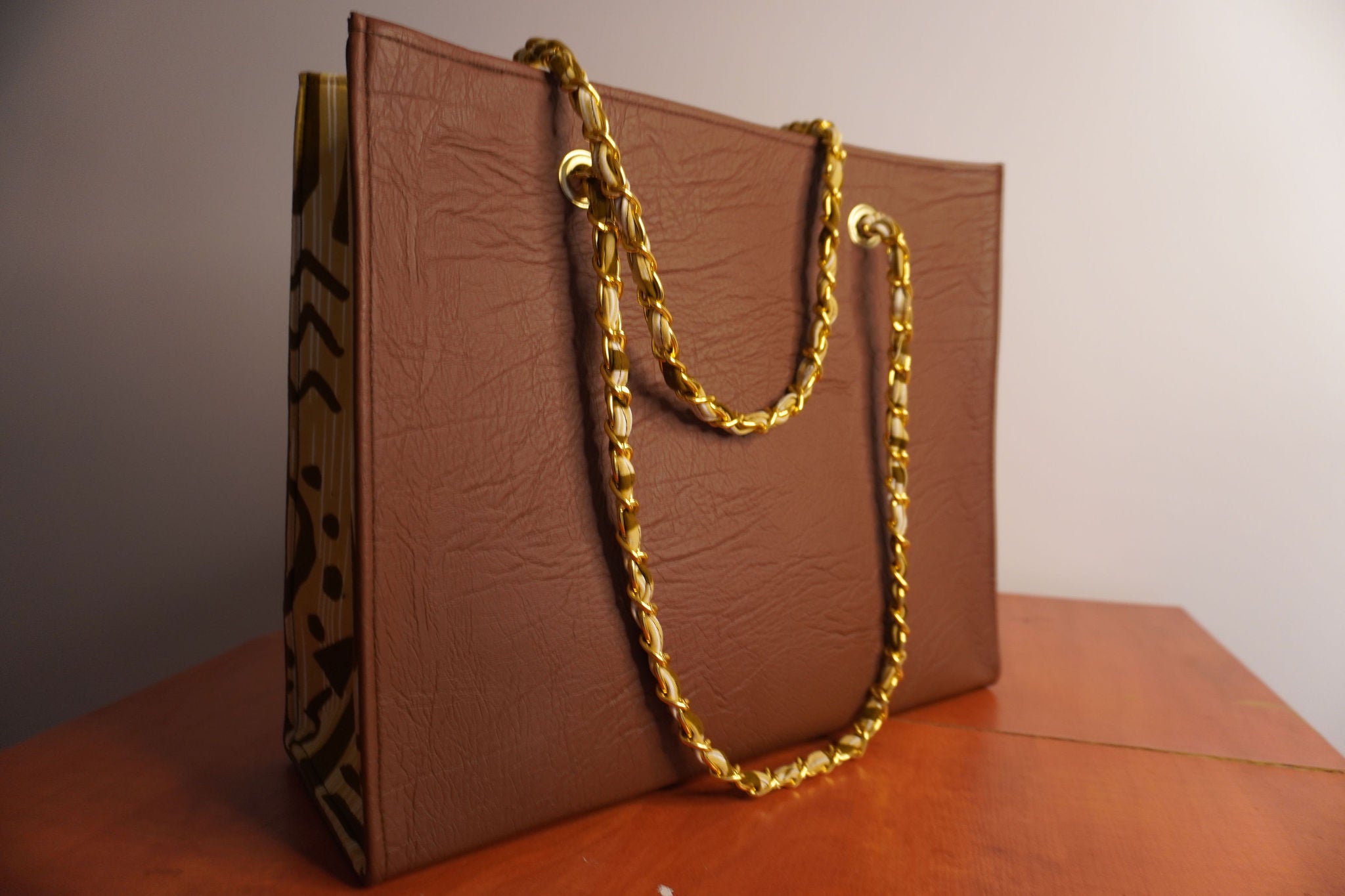 Faux Leather Ankara Mudcloth Fusion Tote Bag - Camel & Tribal