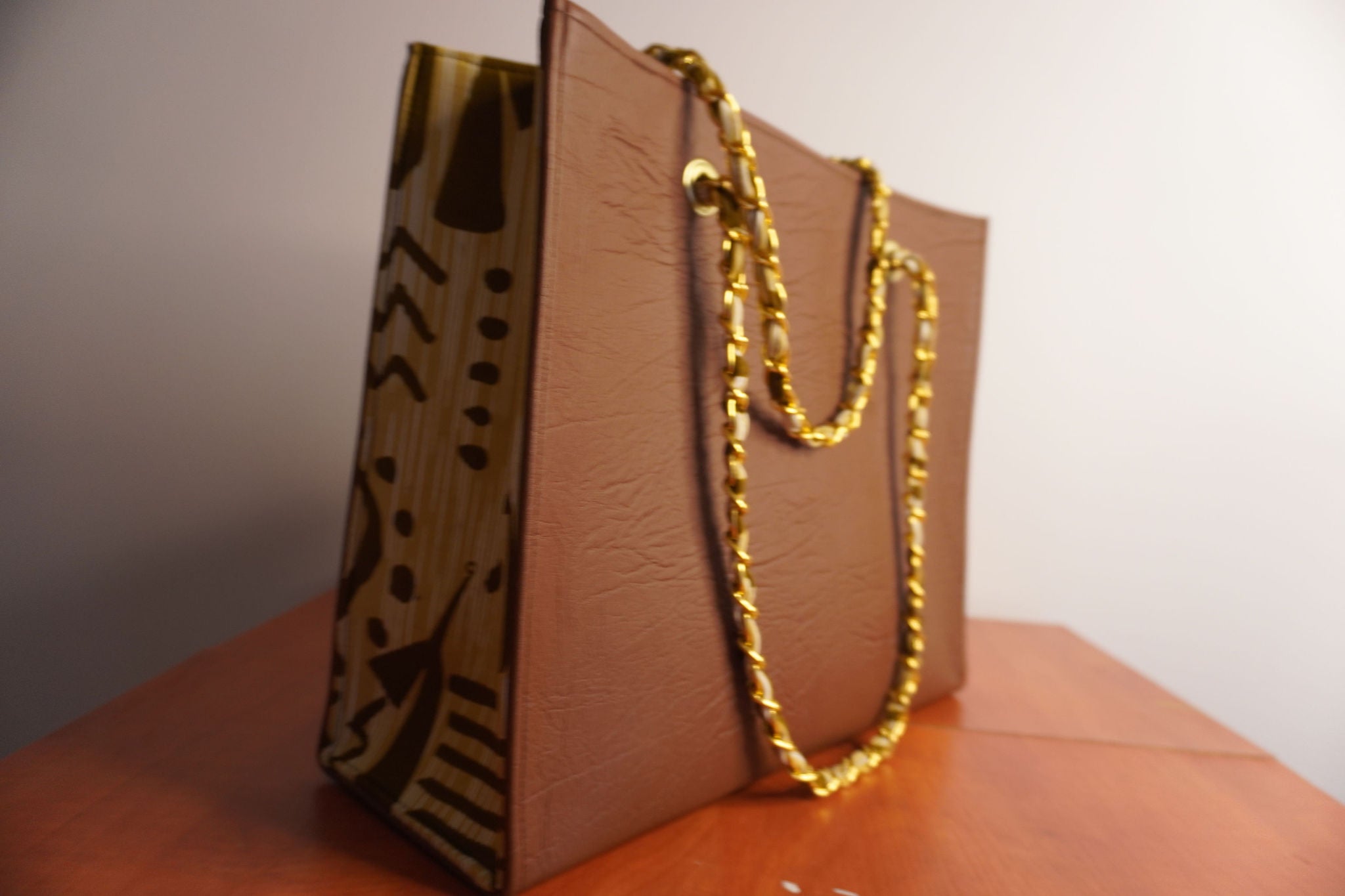 Faux Leather Ankara Mudcloth Fusion Tote Bag - Camel & Tribal