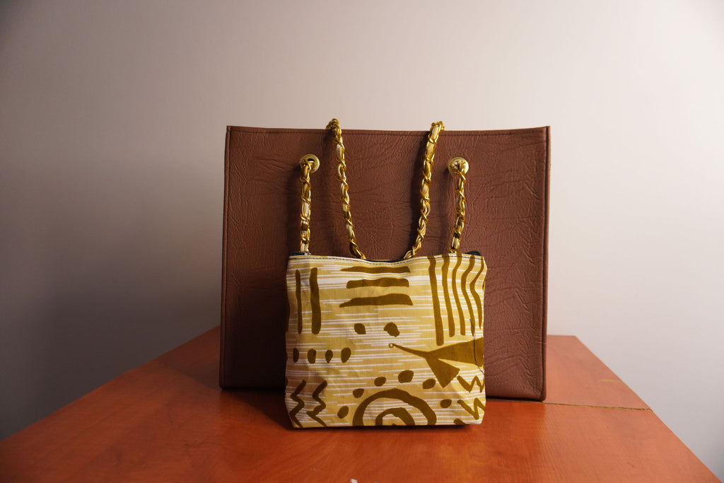 Faux Leather Ankara Mudcloth Fusion Tote Bag - Camel & Tribal