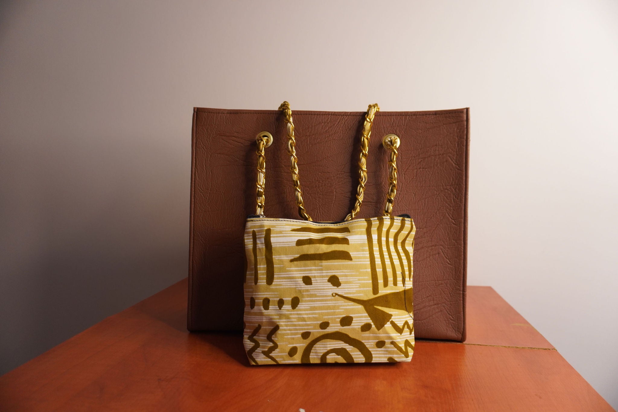 Faux Leather Ankara Mudcloth Fusion Tote Bag - Camel & Tribal