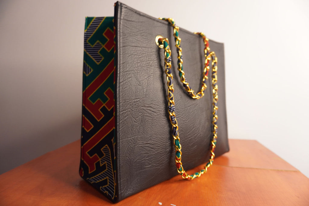 Faux Leather Ankara Kente Royalty Tote Bag - Slate & Jewel Tones
