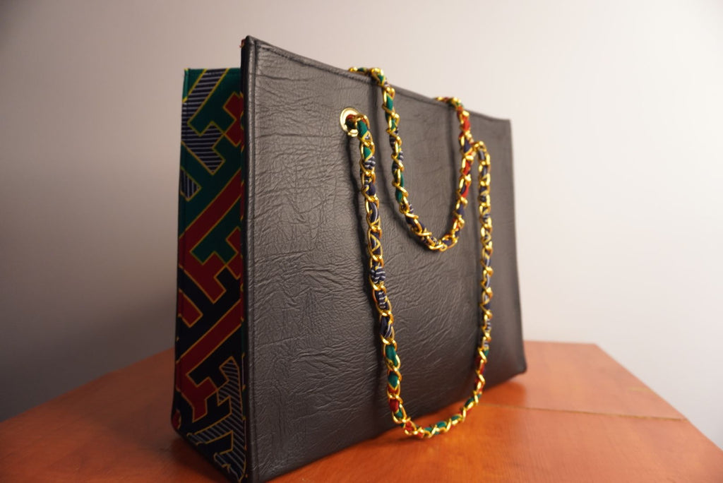 Faux Leather Ankara Kente Royalty Tote Bag - Slate & Jewel Tones