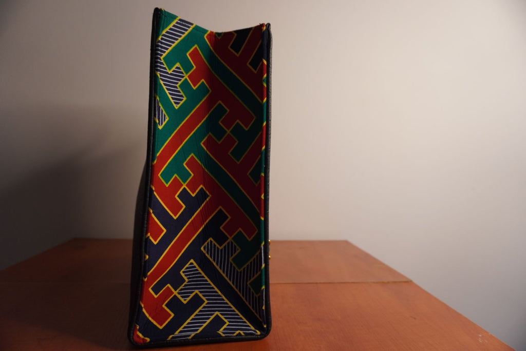 Faux Leather Ankara Kente Royalty Tote Bag - Slate & Jewel Tones