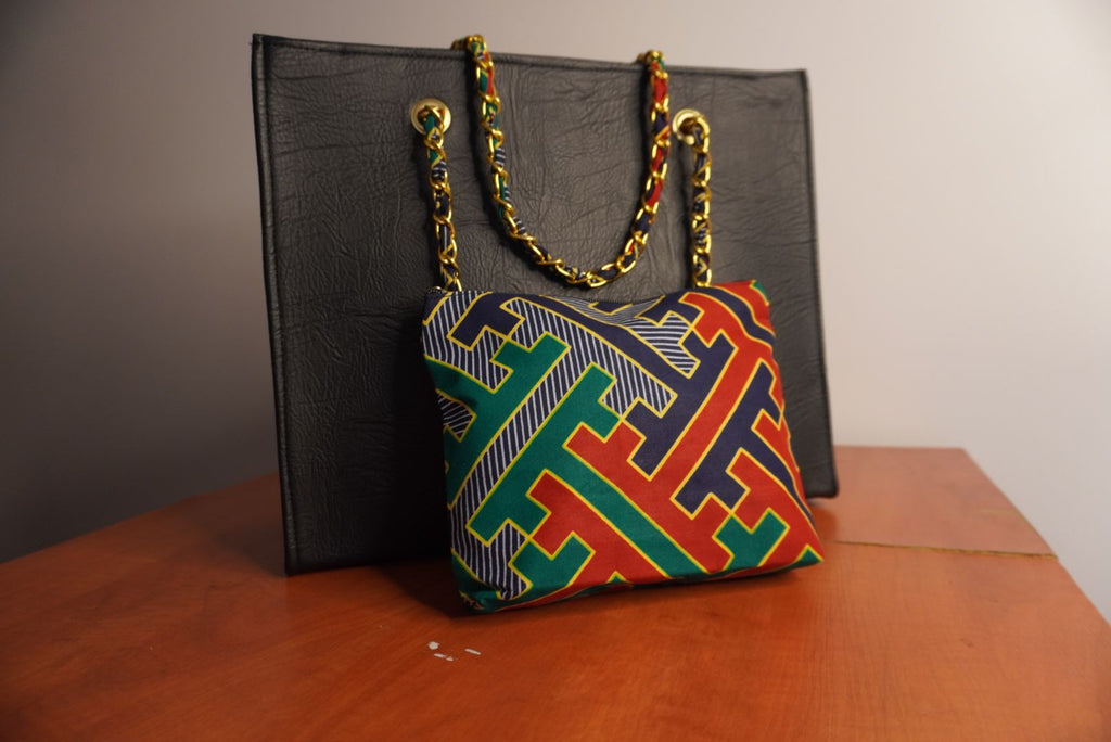 Faux Leather Ankara Kente Royalty Tote Bag - Slate & Jewel Tones
