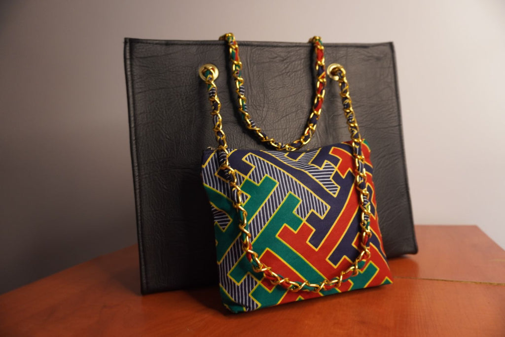 Faux Leather Ankara Kente Royalty Tote Bag - Slate & Jewel Tones