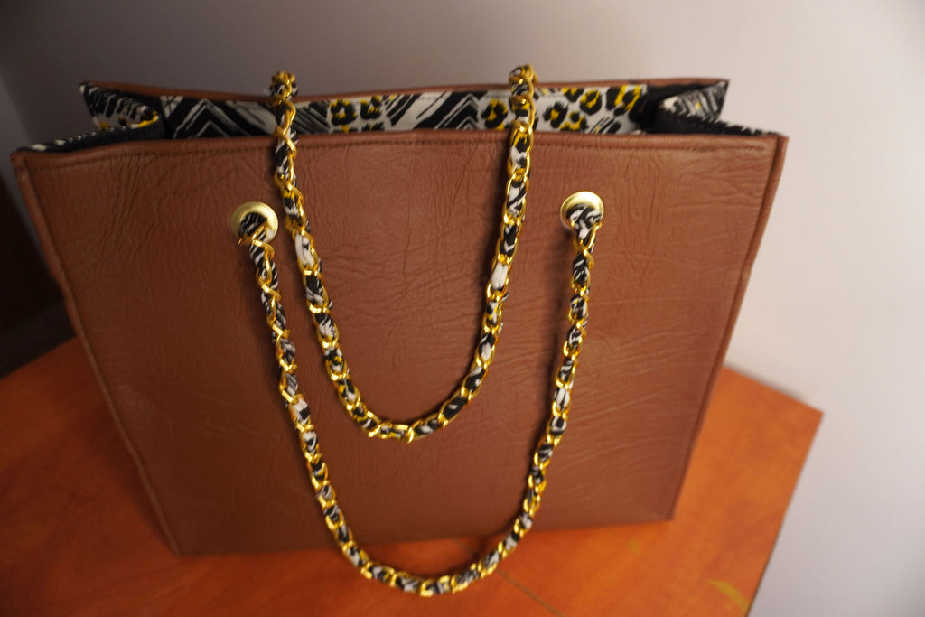 Faux Leather Ankara Adinkra Heritage Tote Bag - Cognac & Gold