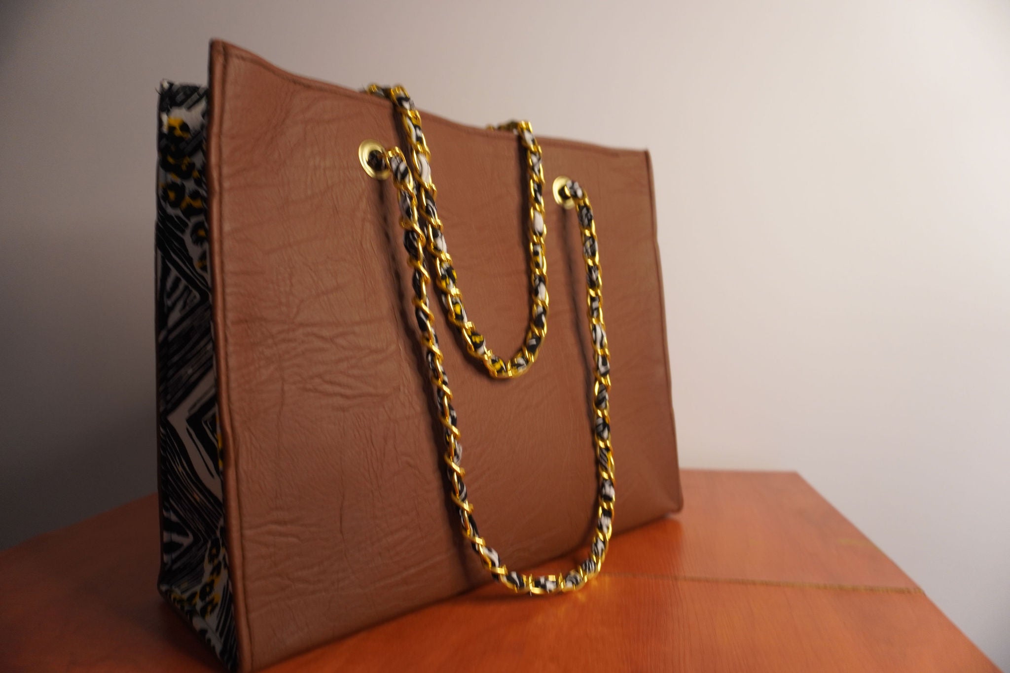 Faux Leather Ankara Adinkra Heritage Tote Bag - Cognac & Gold